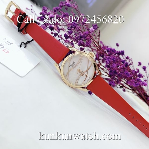 Đồng Hồ Nữ Tissot TSNDTC049 - Dây Da Đỏ Mặt Trắng Vỏ Vàng - 32mm