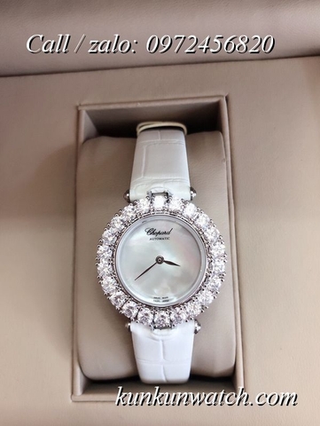 Đồng Hồ Nữ Chopard CPND061 Đính Hạt Chấu - Dây Da Trắng Vỏ Bạc - 32mm