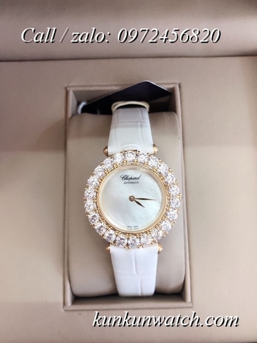 Đồng Hồ Nữ Chopard CPND062 Đính Hạt Chấu - Dây Da Trắng Vỏ Vàng - 32mm