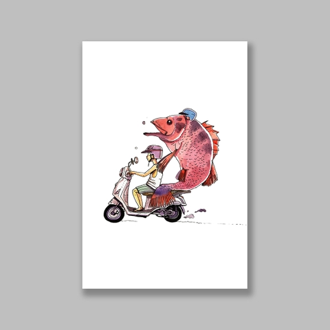 Tranh Motobike, boy and fish on moped watercolor