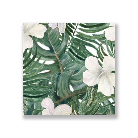 Tranh Palm deliciosa leaves and white hibiscus flowers, tropical