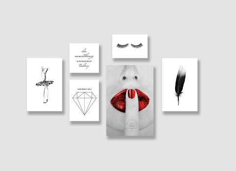 Bộ tranh Red lips, ballerina, feather, diamond