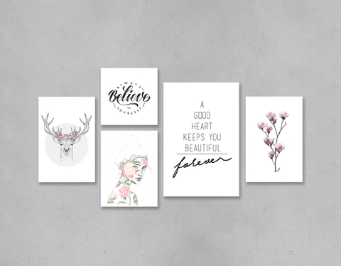 Bộ tranh Always believe in yourself, fashion, beautiful, deer, flower, pink