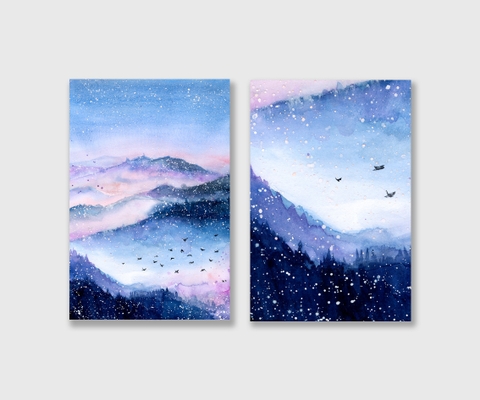 Bộ tranh Mountain, Landscape, Blue, Watercolor SE178