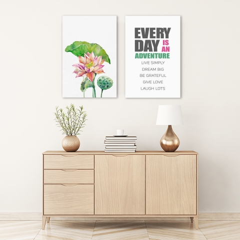 Bộ tranh Lotus flower watercolor, everyday is an adventure quote