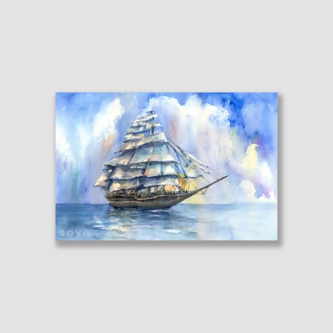 Tranh  Sailing boat and sea, Blue, Watercolor SNS312