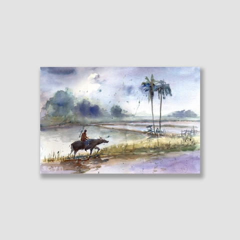 Tranh Farmer at the rice field, Watercolor SNS319