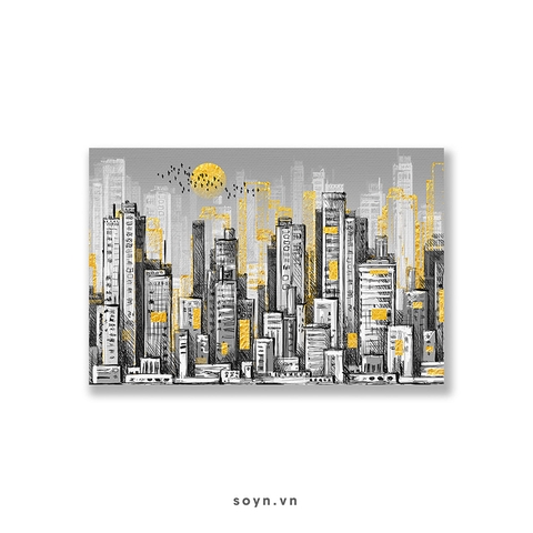Tranh City, Landscape, Gold, Black and White SNS331