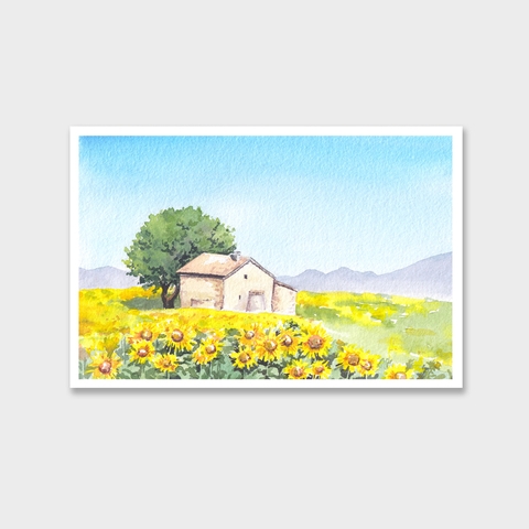 Tranh The house in the sunflower field painting