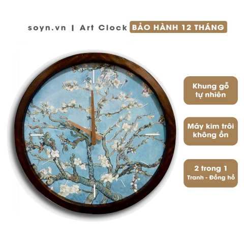 Đồng hồ treo tường gỗ tự nhiên tròn Van Gogh D33cm, máy kim trôi không ồn, Quà tặng tân gia, Artclock Soyn SC03