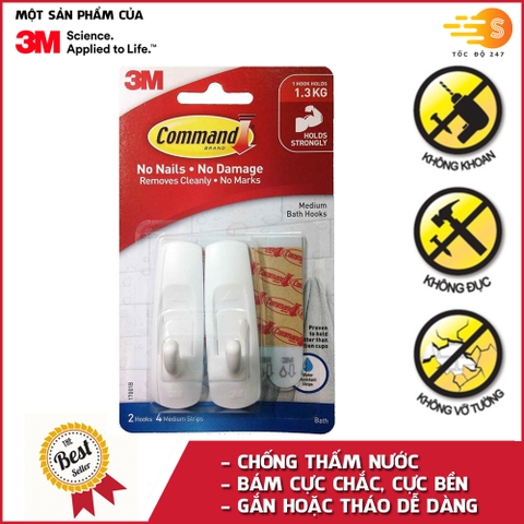 Bộ 2 móc treo tường cường lực siêu dính chống thấm nước 1.3kg Command 3M 17001B