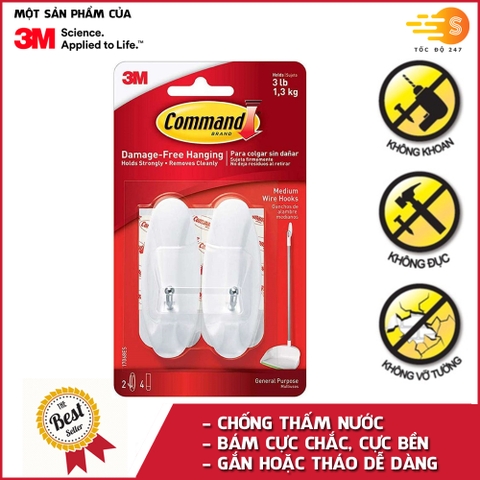 Bộ 2 móc treo tường cường lực siêu dính inox 1.3kg Command 3M 17068