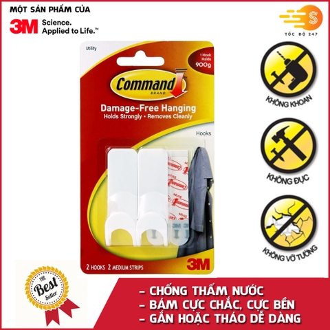 Bộ 2 móc treo tường cường lực siêu dính 900g Command 3M 17401