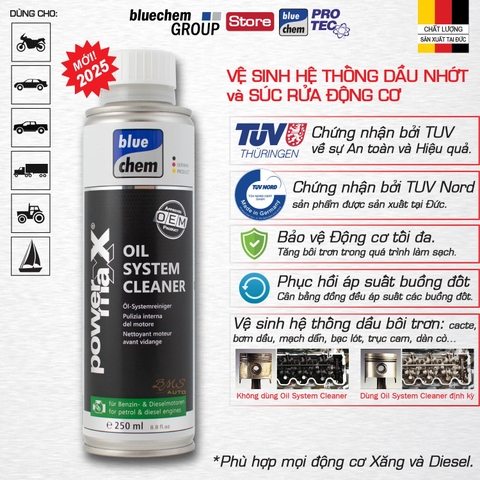 Phụ gia nhớt vệ sinh động cơ ô tô Oil System Cleaner Bluechem 33018E 250ml – Súc rửa sạch cặn nhớt và bùn bẩn