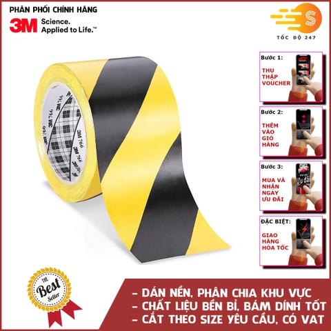 Băng keo dán nền chịu nhiệt sọc vàng đen 50mm x 33m 3M 766 - phân chia khu vực, cảnh báo nguy hiểm, an toàn, có VAT