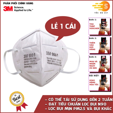 Khẩu trang chống bụi và kháng khuẩn đạt chuẩn KN90 3M 9001A - Lọc bụi, bảo vệ hô hấp, ôm mặt