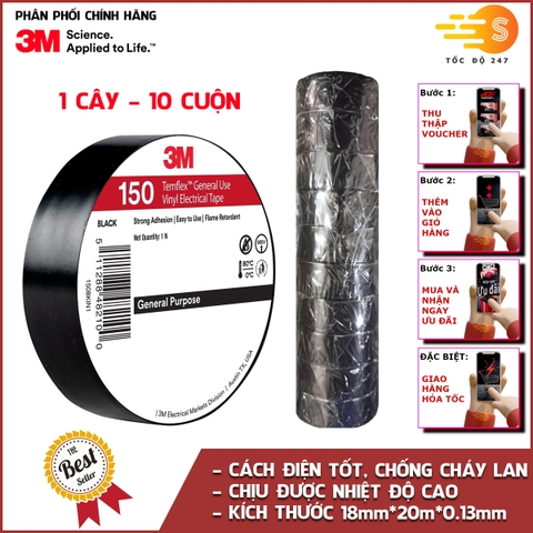 Băng keo điện PVC 3M Temflex 150 18mm x 20m 3M-BK150 - Chống cháy, cách điện tốt, chịu nhiệt cao, sử dụng linh hoạt