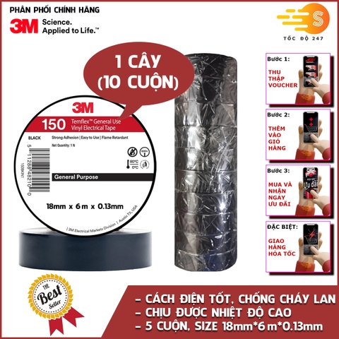 10 cuộn băng keo điện PVC 3M Temflex 150 18mm x 6m 3M-BK1506M - Chống cháy, cách điện tốt, chịu nhiệt cao, sử dụng linh hoạt