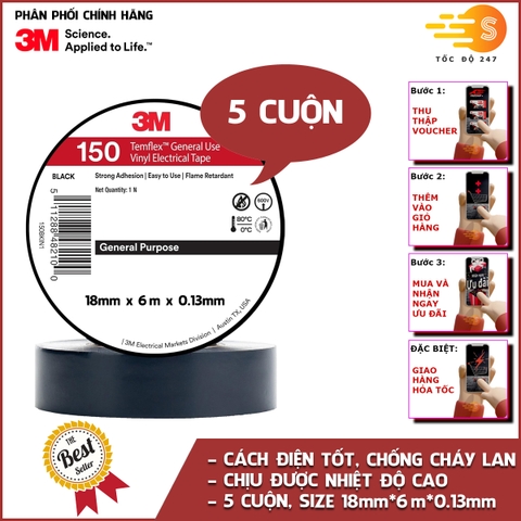 10 cuộn băng keo điện PVC 3M Temflex 150 18mm x 6m 3M-BK1506M - Chống cháy, cách điện tốt, chịu nhiệt cao, sử dụng linh hoạt