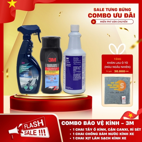 Bộ 3 món chăm sóc kính xe gồm chai chống bám nước, xịt rửa kính và tẩy ố kính 3M 3M-BVKINH - Tặng kèm khăn lau ô tô, trượt kính, vệ sinh kính, tẩy ố, tẩy cặn canxi