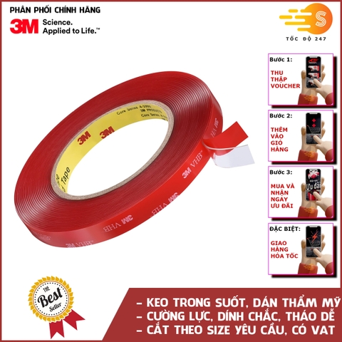 Băng keo 2 mặt cường lực siêu dính VHB trong suốt dài 3m 3M 4910 - nhiều kích thước, cắt theo yêu cầu, có VAT, dán gọn, bám chắc, thẩm mỹ