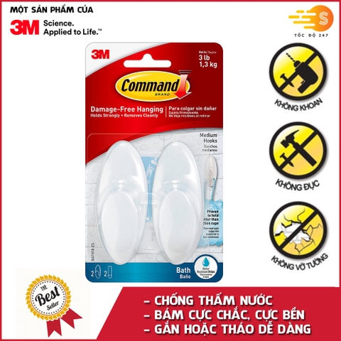 Bộ 2 móc treo tường cường lực siêu dính chống thấm nước 1.3kg Command 3M Bath18