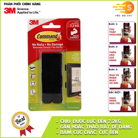 Bộ 4 miếng móc treo tranh cường lực siêu dính 7.2kg màu đen Command 3M 17206BLK