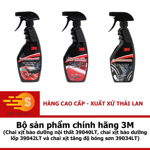 Bộ 3 sản phẩm 3M chai xịt bảo dưỡng nội thất 39043LT, bảo dưỡng lốp 39042LT và tăng độ bóng sơn 39034LT