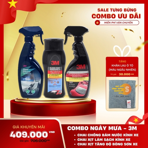 Bộ 3 món chăm sóc xe ngày mưa gồm chai chống bám nước, xịt rửa kính và xịt tăng bóng sơn xe 3M 3M-CBMUA - Tặng kèm khăn lau ô tô, trượt kính, vệ sinh kính, tăng bóng xe