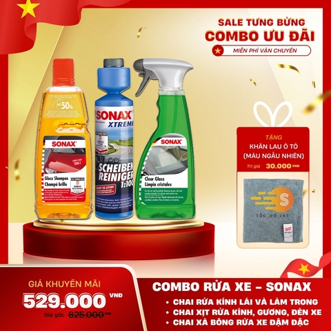 Bộ 3 món rửa xe và chăm sóc kính xe bao gồm dung dịch rửa xe đậm đặc, nước rửa kính lái và chai xịt rửa kính, gương, đèn xe Sonax SO-CBKINH - Tặng kèm khăn lau ô tô chuyên dụng
