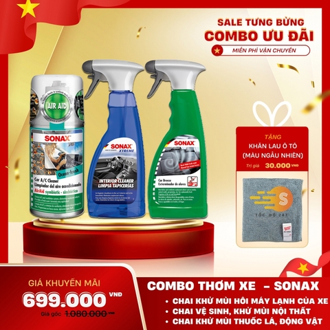 Bộ 3 món khửi mùi, giúp thơm xe bao gồm vệ sinh dàn lạnh, xịt khử mùi thuốc lá, động và xịt vệ sinh nội thất tạo mùi thơm dịu nhẹ Sonax SO-CBTX - Tặng khăn lau ô tô chuyên dụng
