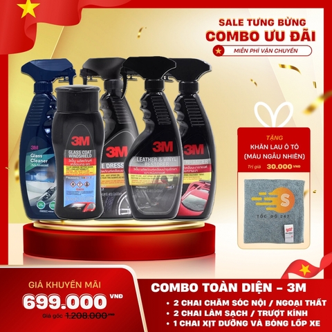 Bộ 5 món chăm sóc xe toàn diện gồm chống bám nước, rửa kính, đánh bóng sơn, vệ sinh da nội thất, lốp xe 3M 3M-CBTDM - tặng khăn lau ô tô chuyên dụng