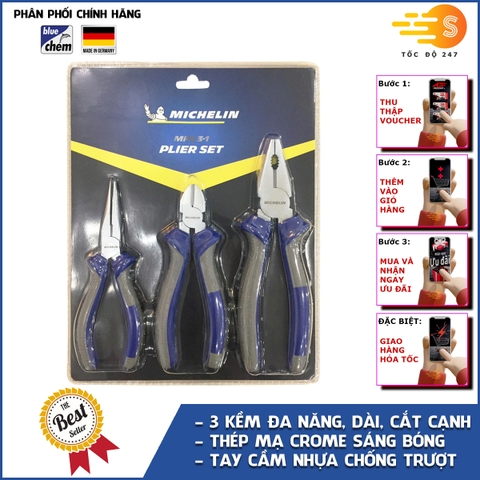 Bộ 3 kềm răng, kềm cắt và kềm mũi nhọn Michelin AS001 - kìm điện, kìm cắt, kìm mũi nhọn, được đánh bóng và chống gỉ sét