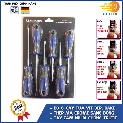 Bộ 6 cây tua vít dẹp, bake đa năng Michelin BS001 - Thép chuyên dụng, tay cầm nhựa chắc chắn, bền bỉ