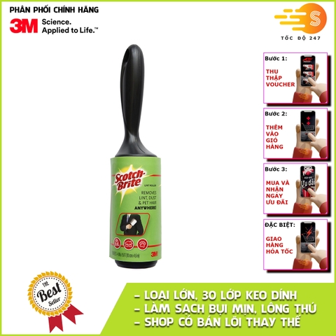 Cây lăn bụi siêu dính loại lớn 30 lớp Scotch-Brite 3M 836R-30 - có bán lõi thay thế, lau nhanh, làm sạch lông thú