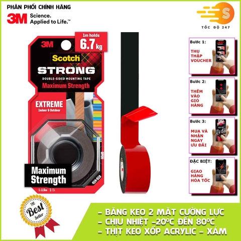 Băng keo cường lực 2 mặt màu xám khổ rộng 19mm Scotch 3M SB-BK414 - Nhiều kích thước, siêu dính, thẩm mỹ, chịu nhiệt cao