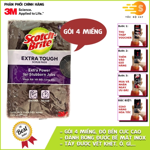 Gói 4 miếng cước cọ rửa mạnh hơn inox Scotch-Brite 3M 7447