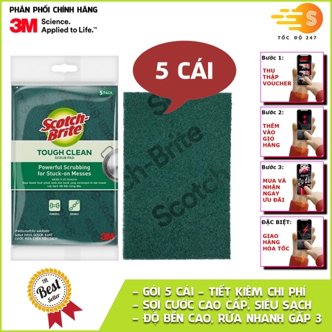 Gói 5 miếng cước rửa chén siêu sạch, sợi cước cao cấp loại lớn 150x100mm Scotch-Brite 3M SB-CRKM-G5 - đa năng, 3 tác động làm sạch, độ bền cao, công nghệ độc quyền