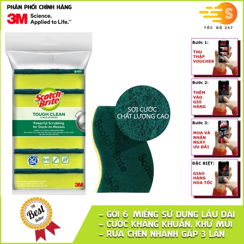 Gói 6 miếng rửa chén 2 mặt kháng khuẩn chống trầy Scotch-Brite 3M SB-MUTG6 - đa năng, 3 tác động làm sạch, độ bền cao, công nghệ độc quyền