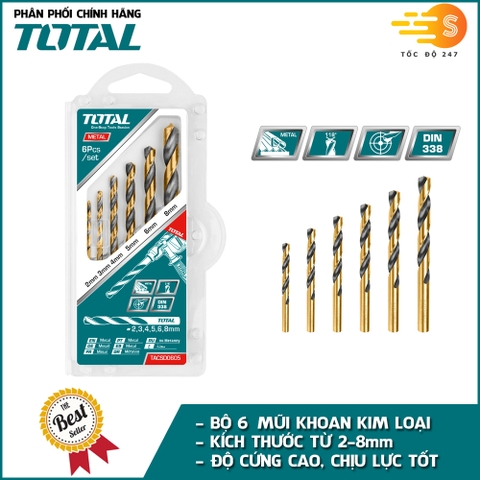Bộ mũi khoan kim loại HHS 6 chi tiết size 2-8mm TOTAL TACSD0605 - Khoan tốt sắt, thép, độ cứng cao, chịu lực tốt
