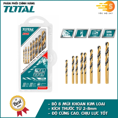 Bộ mũi khoan kim loại HSS 8 chi tiết size 2-8mm TOTAL TACSD0801 - Khoan tốt sắt, thép, độ cứng cao, chịu lực tốt