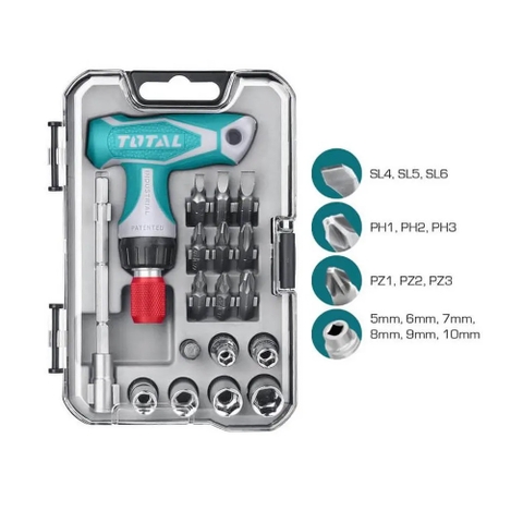 Bộ tua vít 24 chi tiết đa năng TOTAL TACSD30186 - Có hộp đựng, nhỏ gọn, thép chuyên dụng CR-V, tay cầm nhựa chữ T nhám chắc chắn