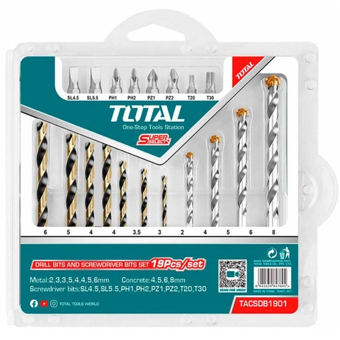 Bộ mũi khoan kim loại, khoan bê tông và bắt vít 19 chi tiết TOTAL TACSDB1901 - Độ cứng siêu cao, chịu lực tốt, đa dụng