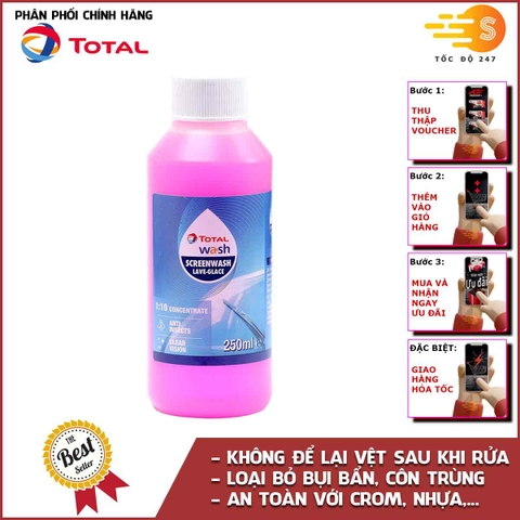 Nước rửa kính lái đậm đặc tỉ lệ 1:10 Total Energies TE-SW250 250ml - Làm sạch vết bẩn, ngăn chặn côn trùng, đổ vào két nước trước, pha để tẩy mốc kính