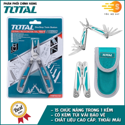 Bộ kềm dao gấp gọn đa năng 15 công dụng có túi đựng TOTAL TFMFT01151 - 15 chức năng tiện lợi, túi vải đựng cao cấp, bộ kìm,