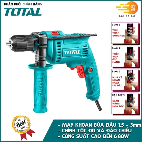 Máy khoan búa 13mm 680W TOTAL TG1061356-2E - Chỉnh được tốc độ, đảo chiều, có chức năng búa