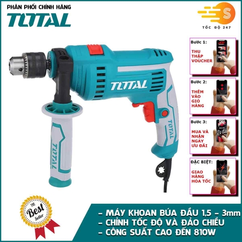 Máy khoan búa 13mm kèm 1 bộ than 810W TOTAL TG1081316E - Chỉnh được tốc độ, đảo chiều, có chức năng búa