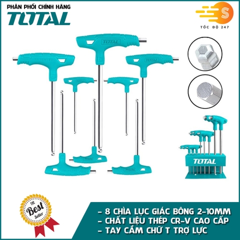 Bộ 8 chìa lục giác có tay cầm chữ T chắc chắn TOTAL THHW80816 - Thép chuyên dụng CR-V, tay cầm nhựa chắc chắn