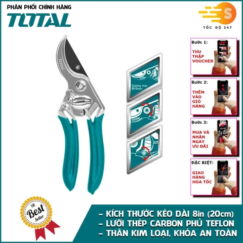 Kéo cắt tỉa cây kiểng, cành cây chuyên dụng làm vườn 20cm TOTAL THT0109 - Cắt tỉa cây cảnh, Lưỡi thép carbon, tay cầm pp nhám