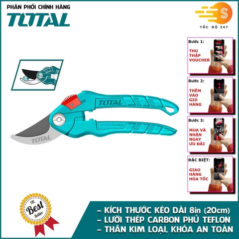 Kéo cắt tỉa cây kiểng, cành cây chuyên dụng làm vườn 8in TOTAL THT0201 - Dài 20cm, Cắt tỉa cây cảnh, Lưỡi thép carbon, tay cầm pp nhám